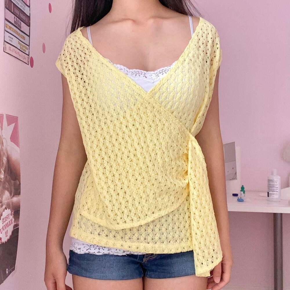 butter yellow crochet knit wrap top